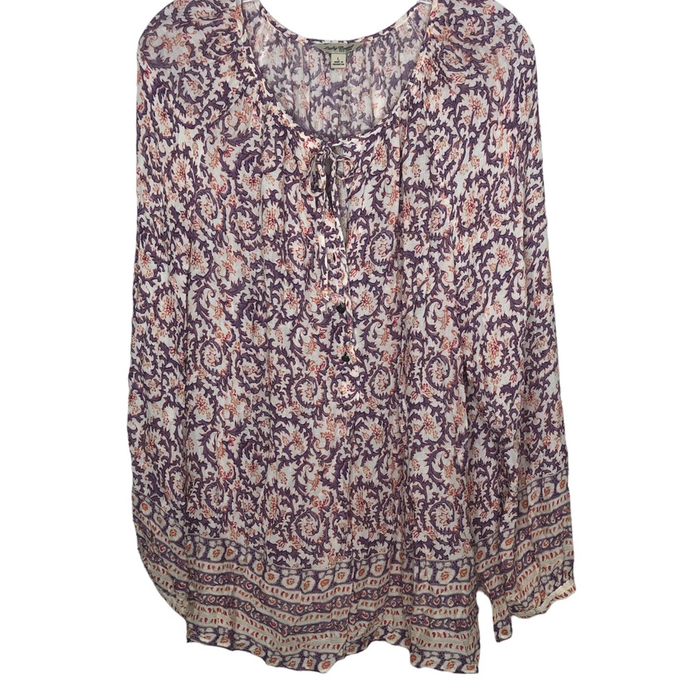 LUCKY BRAND Boho Purple Orange Printed Two Button Tie Neck Peasant Sleeve Blouse